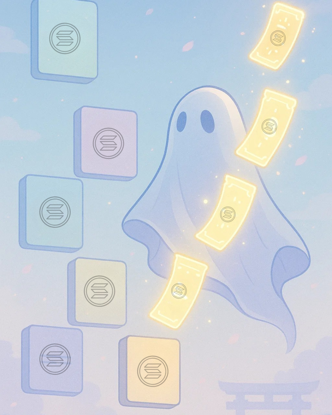 Anime-style scene with floating Solana blocks covered by a ghost cloak