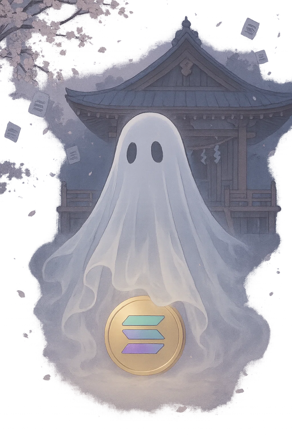 Ghost cloak wrapping a Solana coin